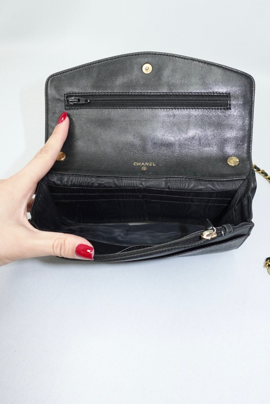 128. Chanel Re-Worked Vintage Flap W.O.C. Black Caviar CC logo