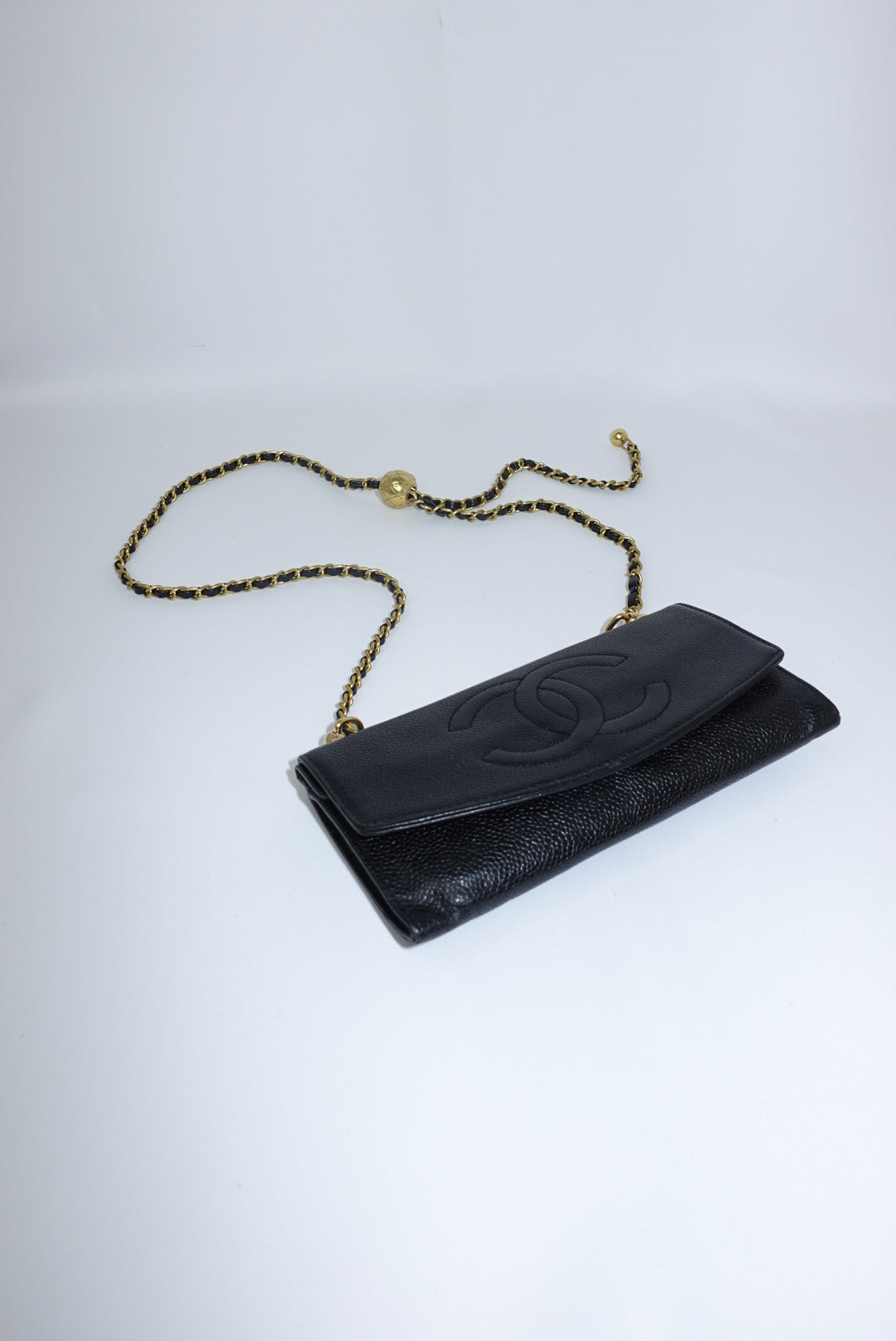 127. Chanel Re-Worked Vintage Long Flap W.O.C. Black Caviar CC logo