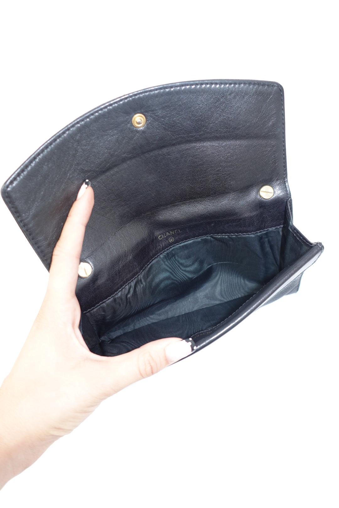 127. Chanel Re-Worked Vintage Long Flap W.O.C. Black Caviar CC logo