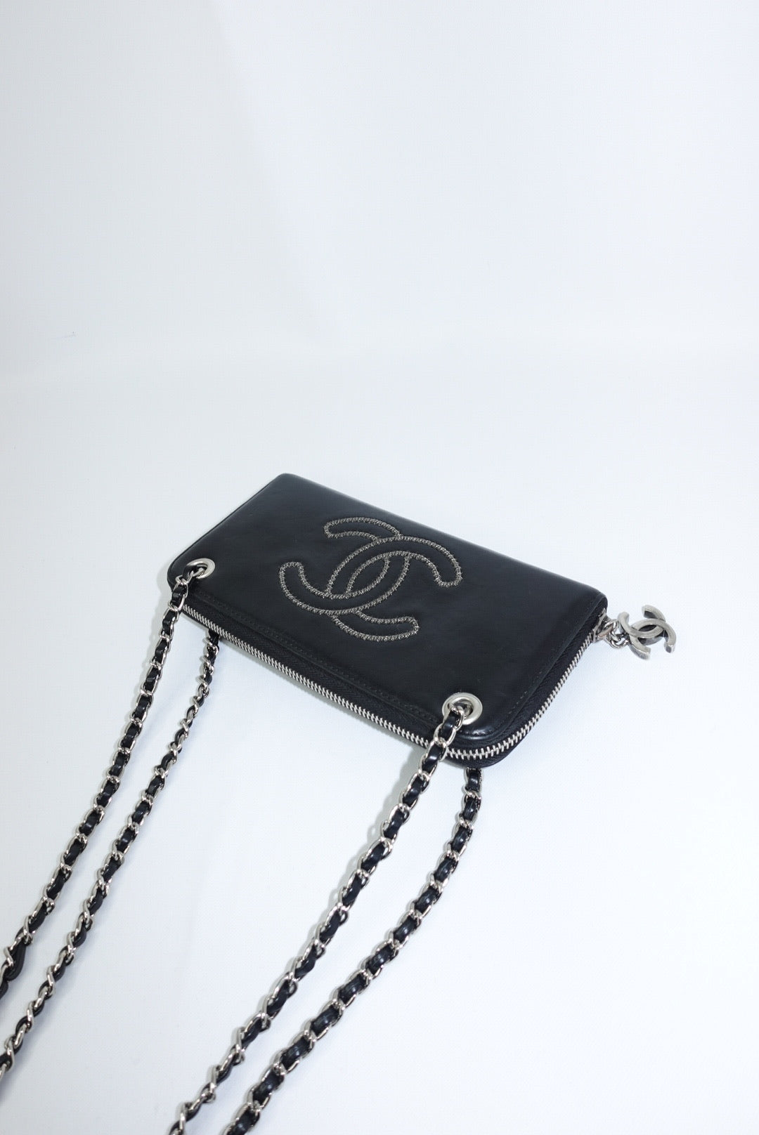170. Chanel Re-Worked Zip Vintage W.O.C Black CC Chain Interlocking Logo