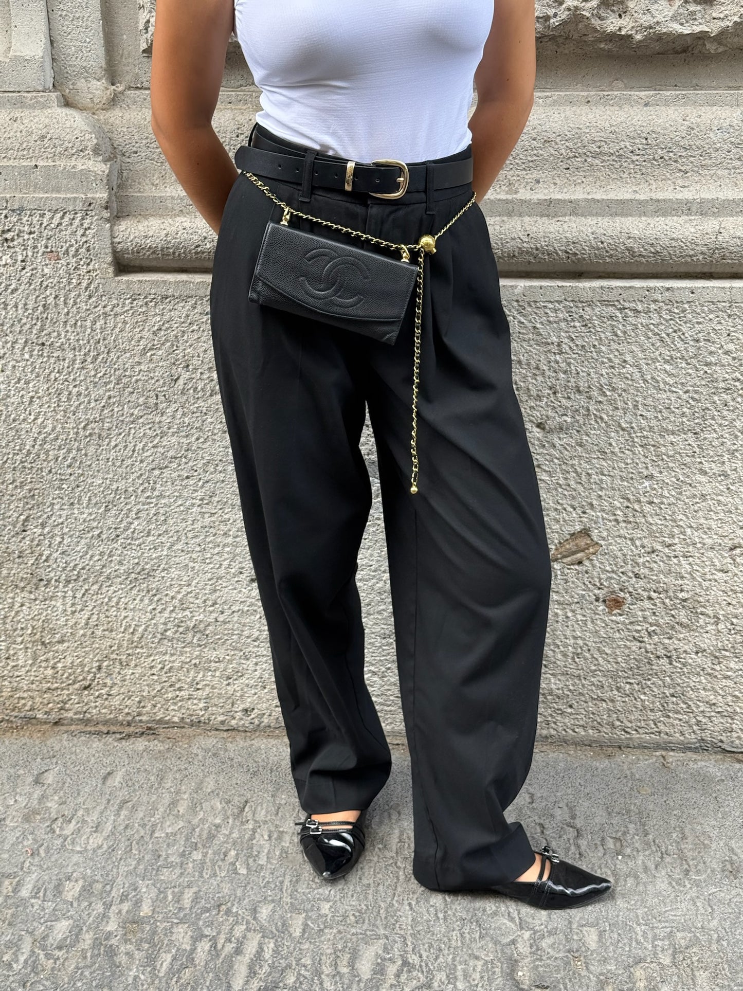 127. Chanel Re-Worked Vintage Long Flap W.O.C. Black Caviar CC logo