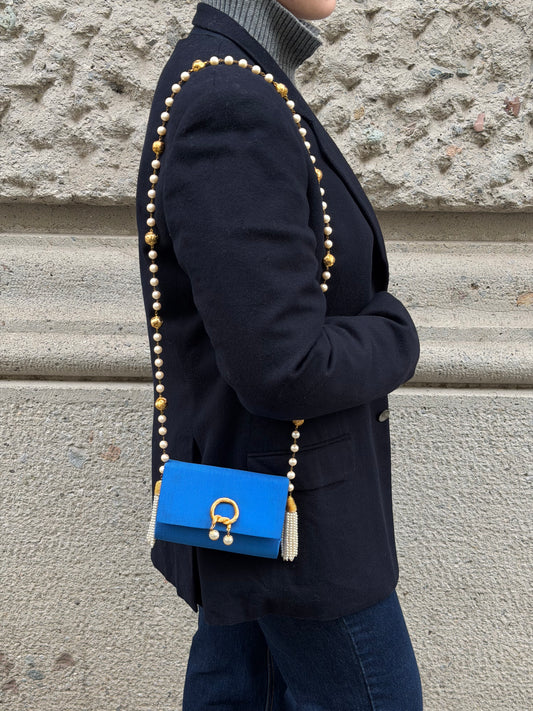 Fendissime Vintage Electric Blue and Gold Pearl Chain Bag