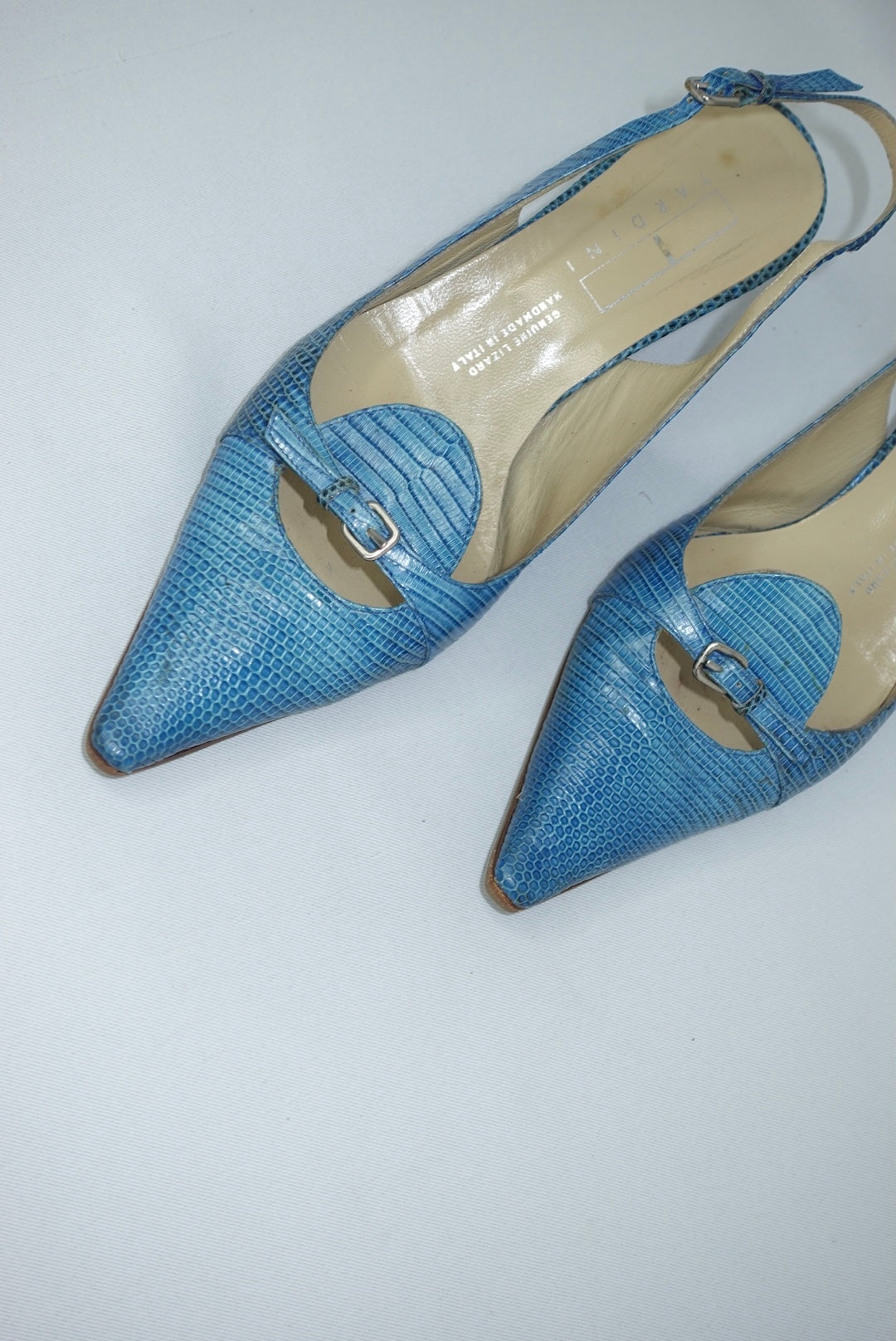 Cerulean Blue Vintage Pointed Toe Lizard Kitten Heels 37