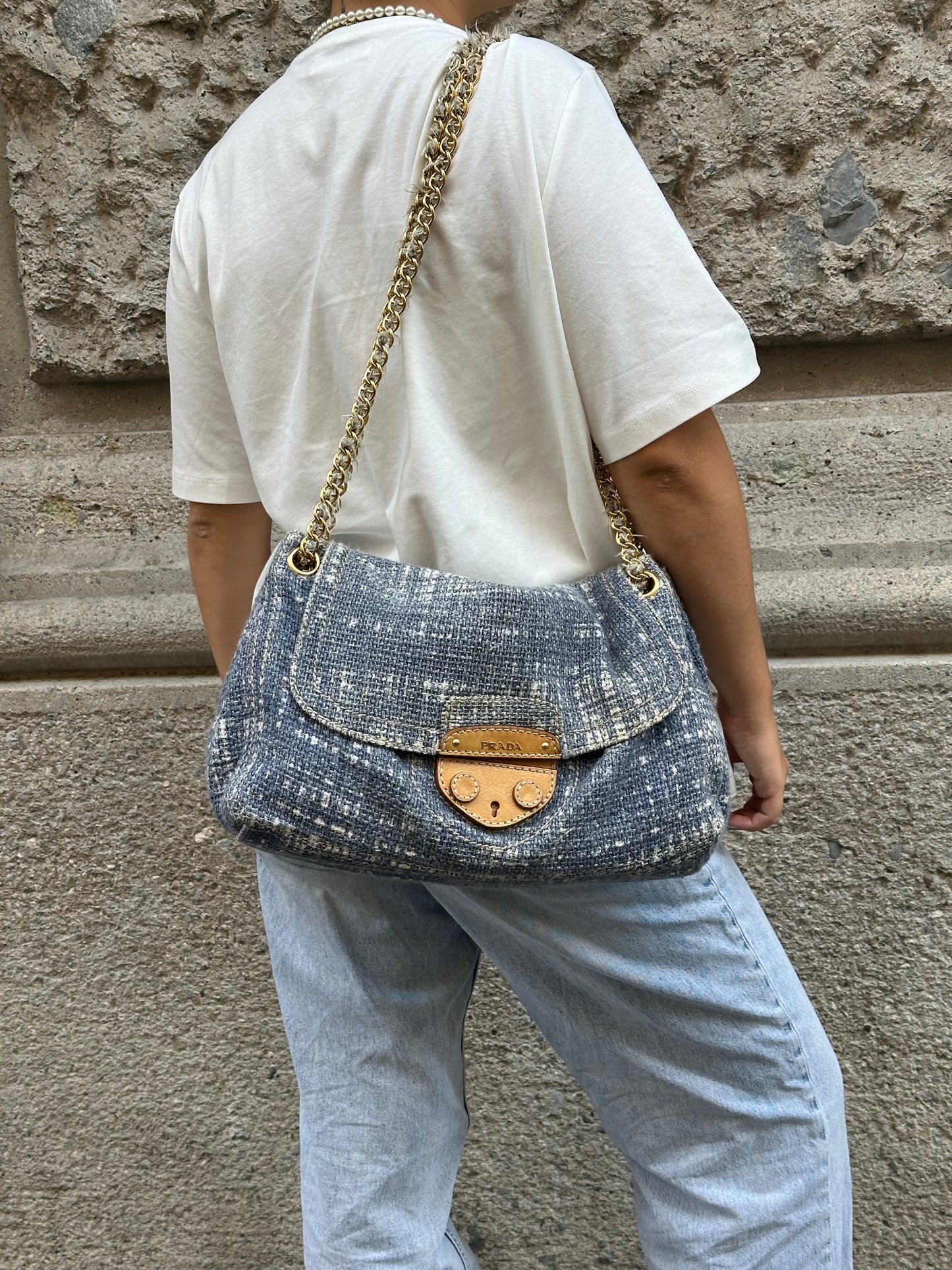 Prada Light Blue Tweed Vintage Bag