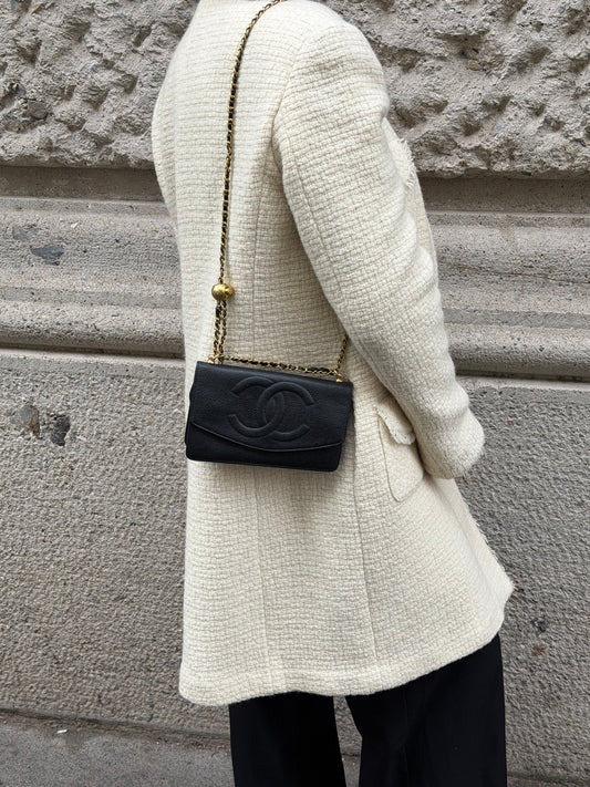 Chanel Re-Worked Vintage Flap Wallet With Chain Black Caviar Embossed CC logo