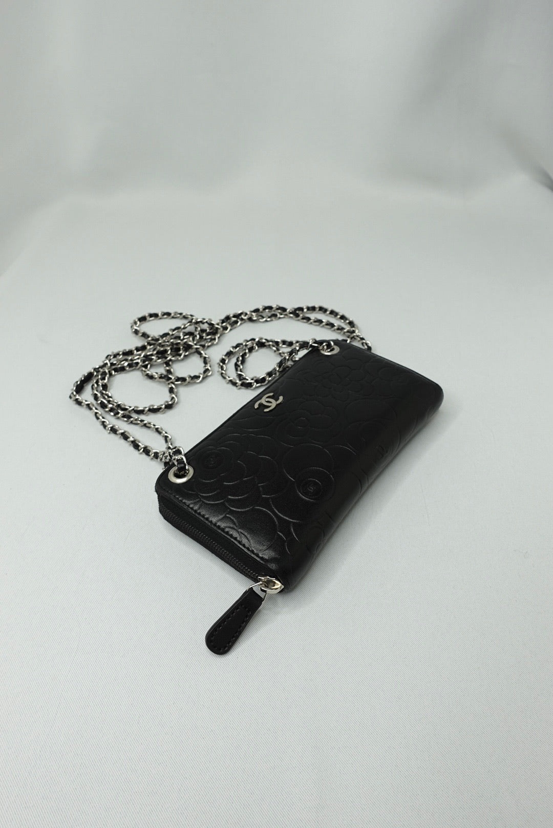 019. Re-Worked Chanel Zip Black W.O.C. Silver Hardware Limited Edition Camelia