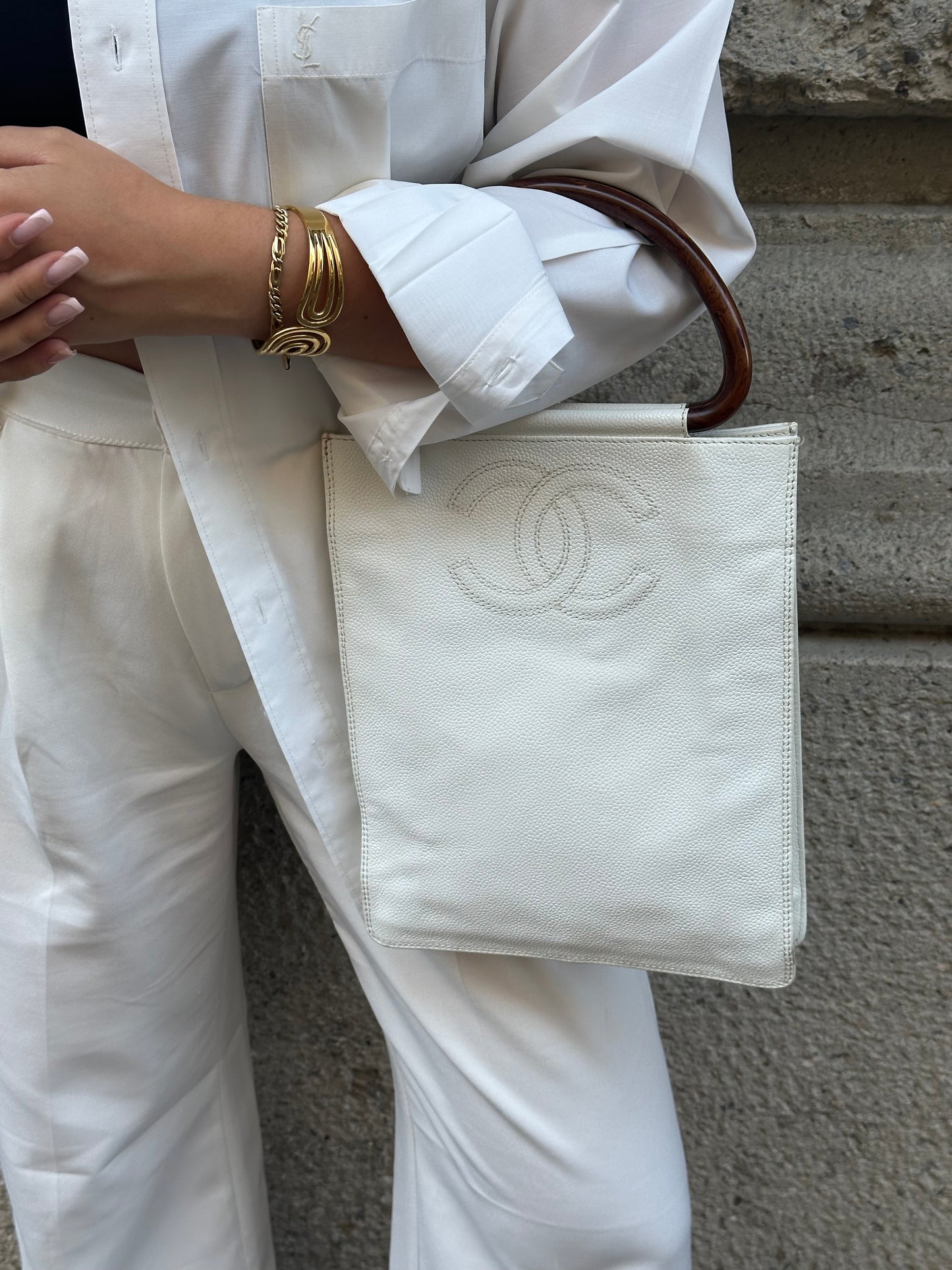 Chanel Vintage Mini Tote Bag White Leather