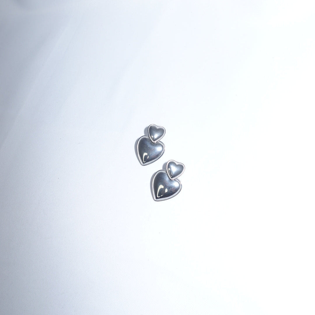 Silver Double Heart Earrings in Stainless Steel