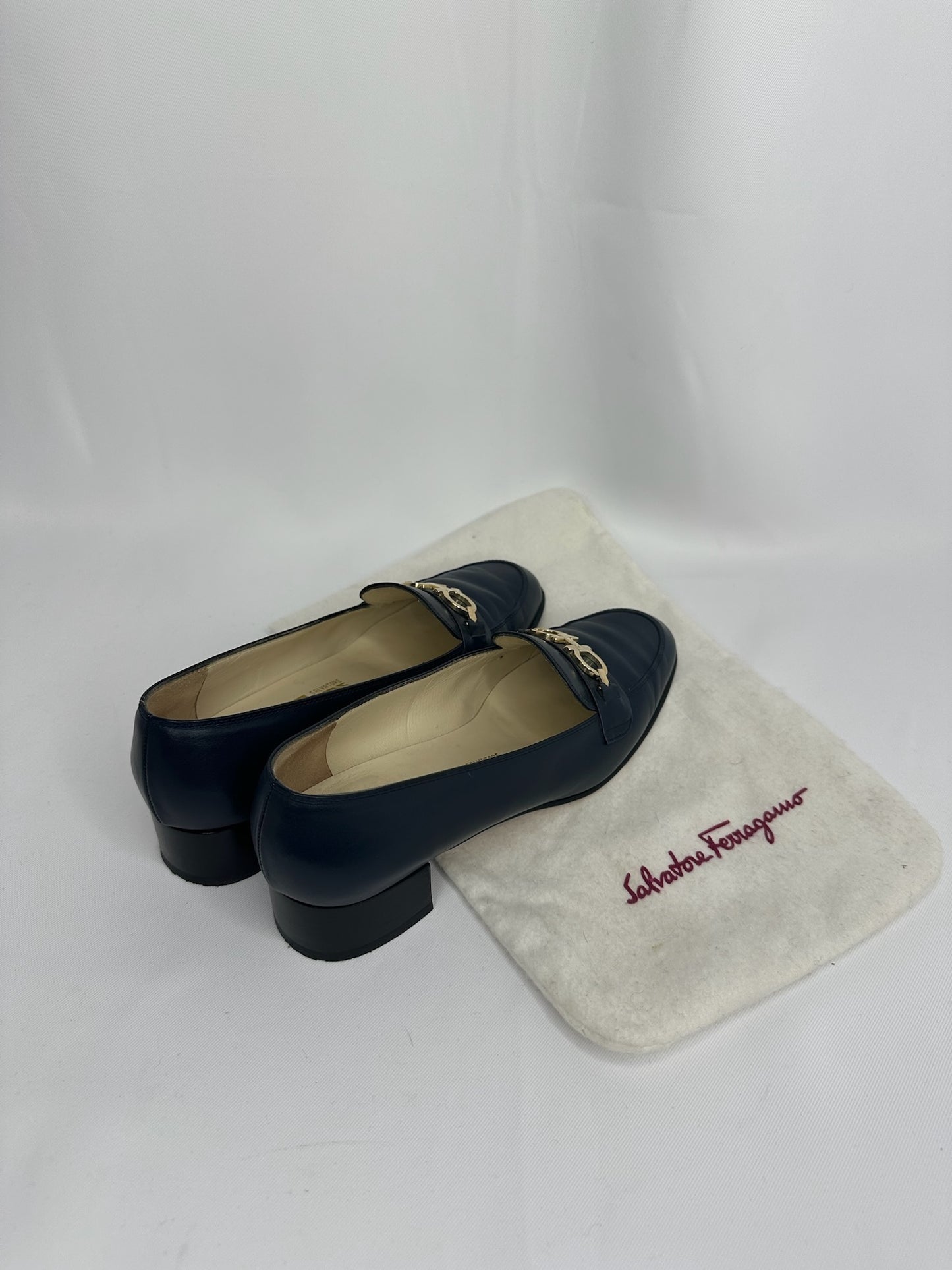 025. Ferragamo Blue Navy Vintage Loafers 36 (small fit)