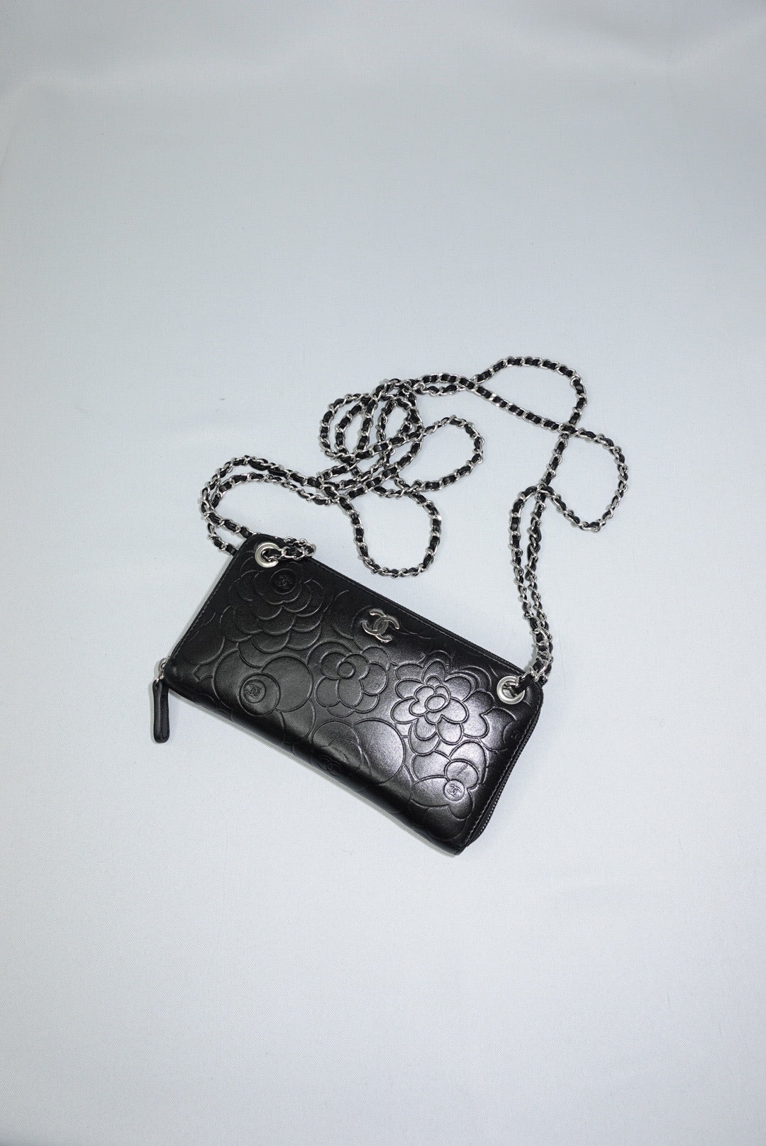 019. Re-Worked Chanel Zip Black W.O.C. Silver Hardware Limited Edition Camelia