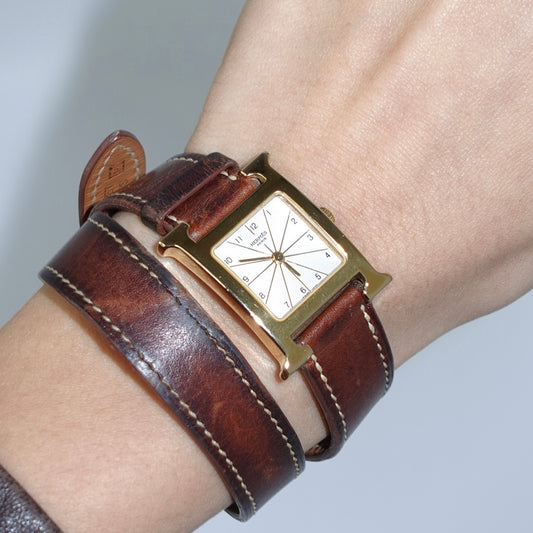 Hermès Heure H Double Wrap Watch Gold Tone Brown Strap