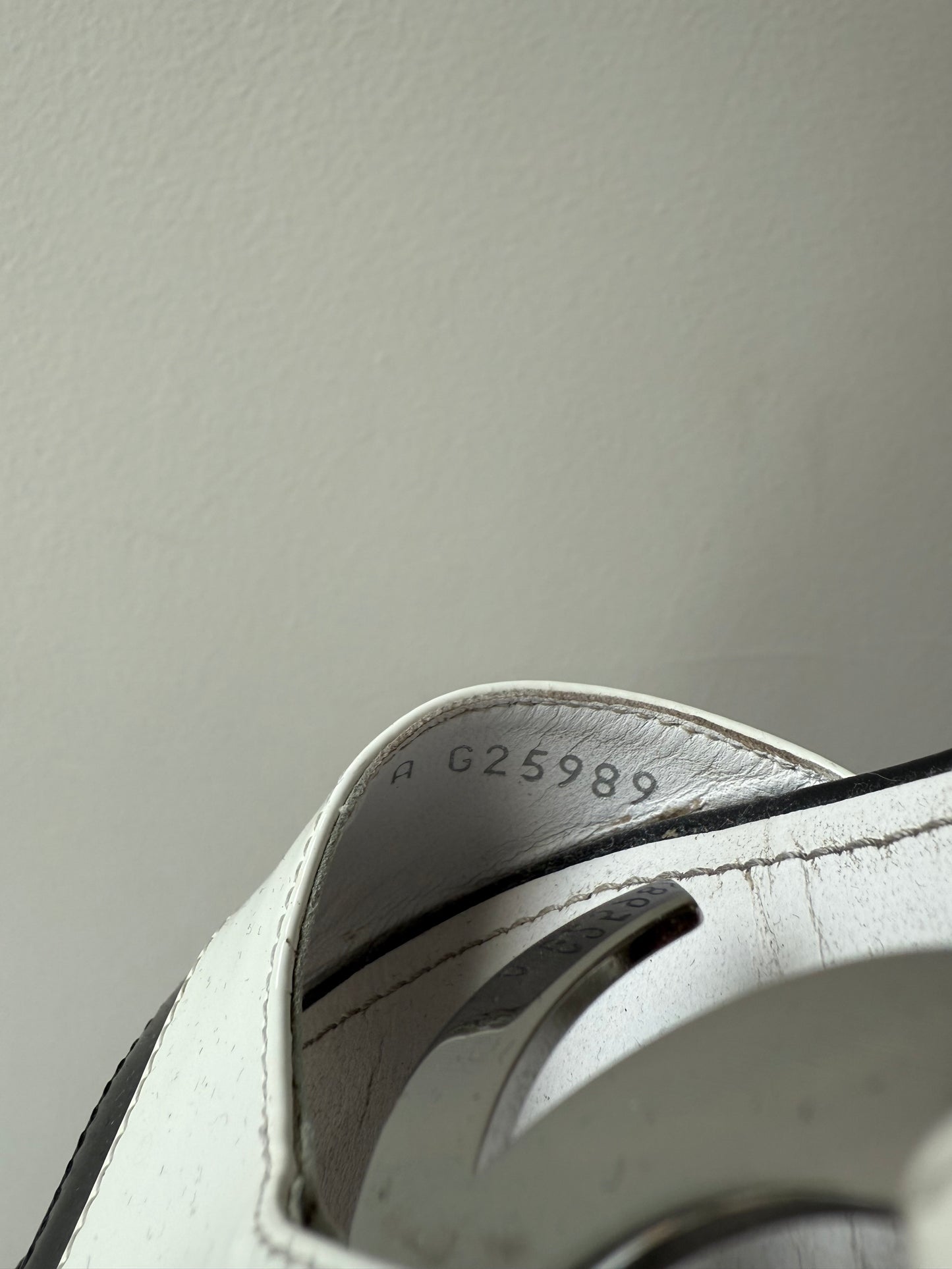 191. Chanel Silver CC Logo B&W Patent Leather Vintage Sandals