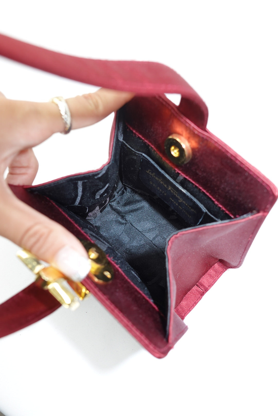 Salvatore Ferragamo Burgundy Satin Mini Evening Handbag