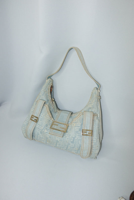 113. Fendi FF Zucca Light Wash Denim Hobo Crossbody Bag