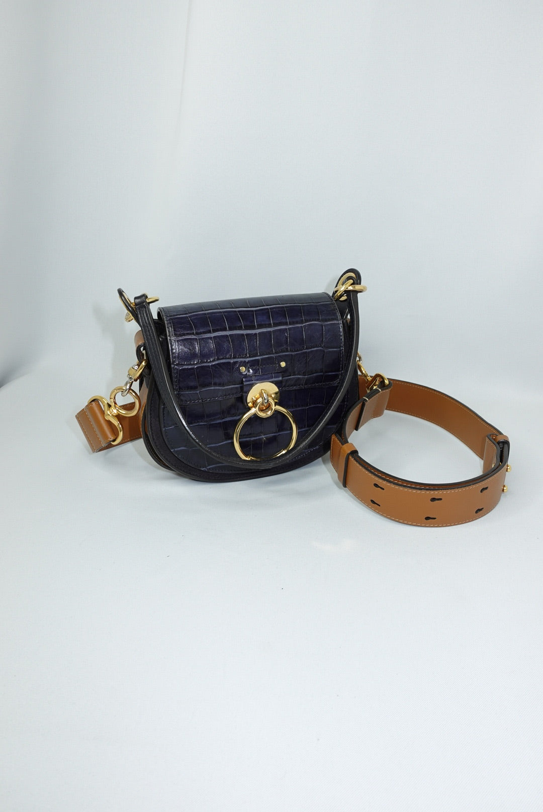 120. Chloé Tess Navy and Gold Shoulder Bag