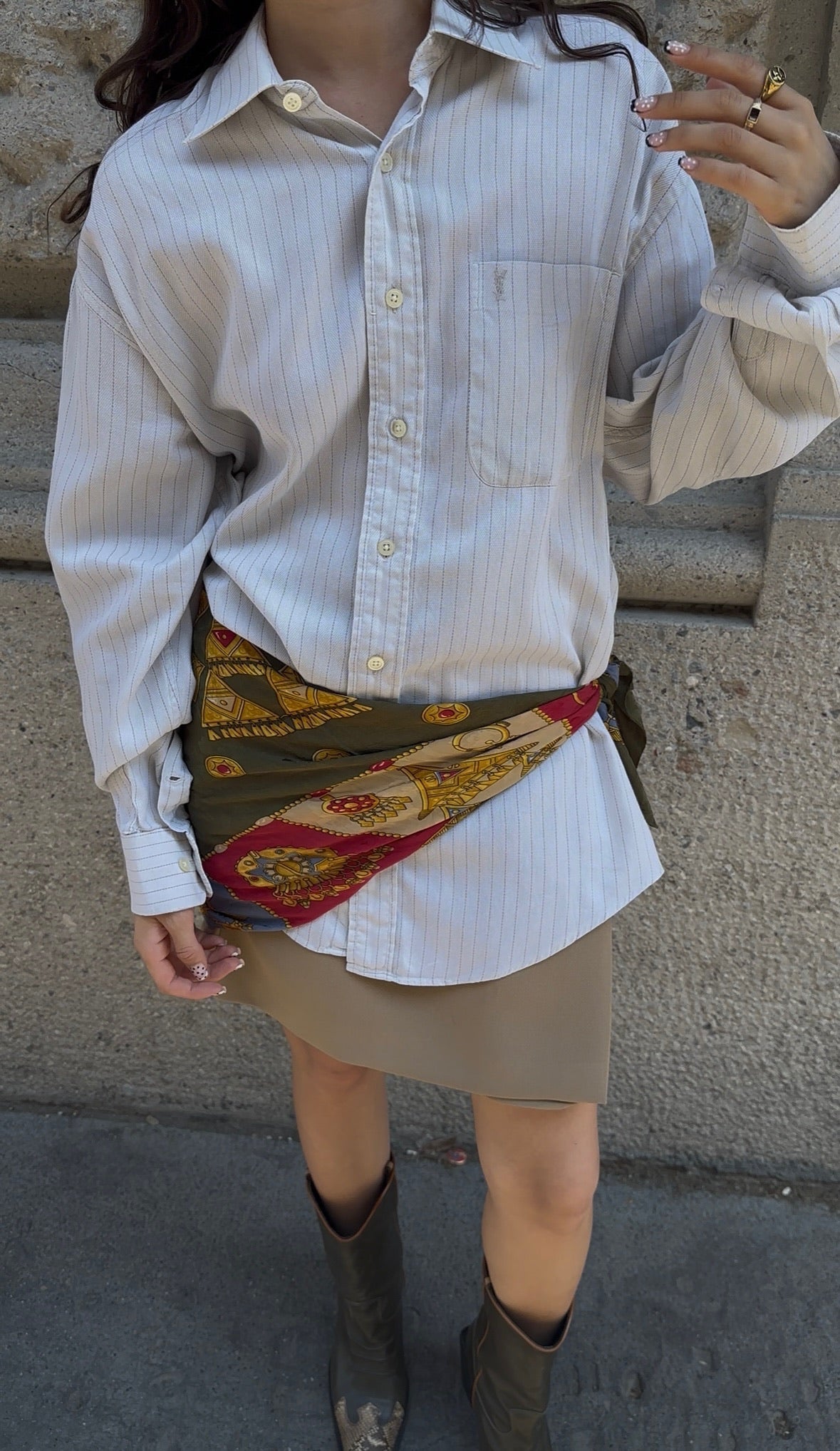 149. Chanel Vintage Gold and Military Green Pattern Scarf
