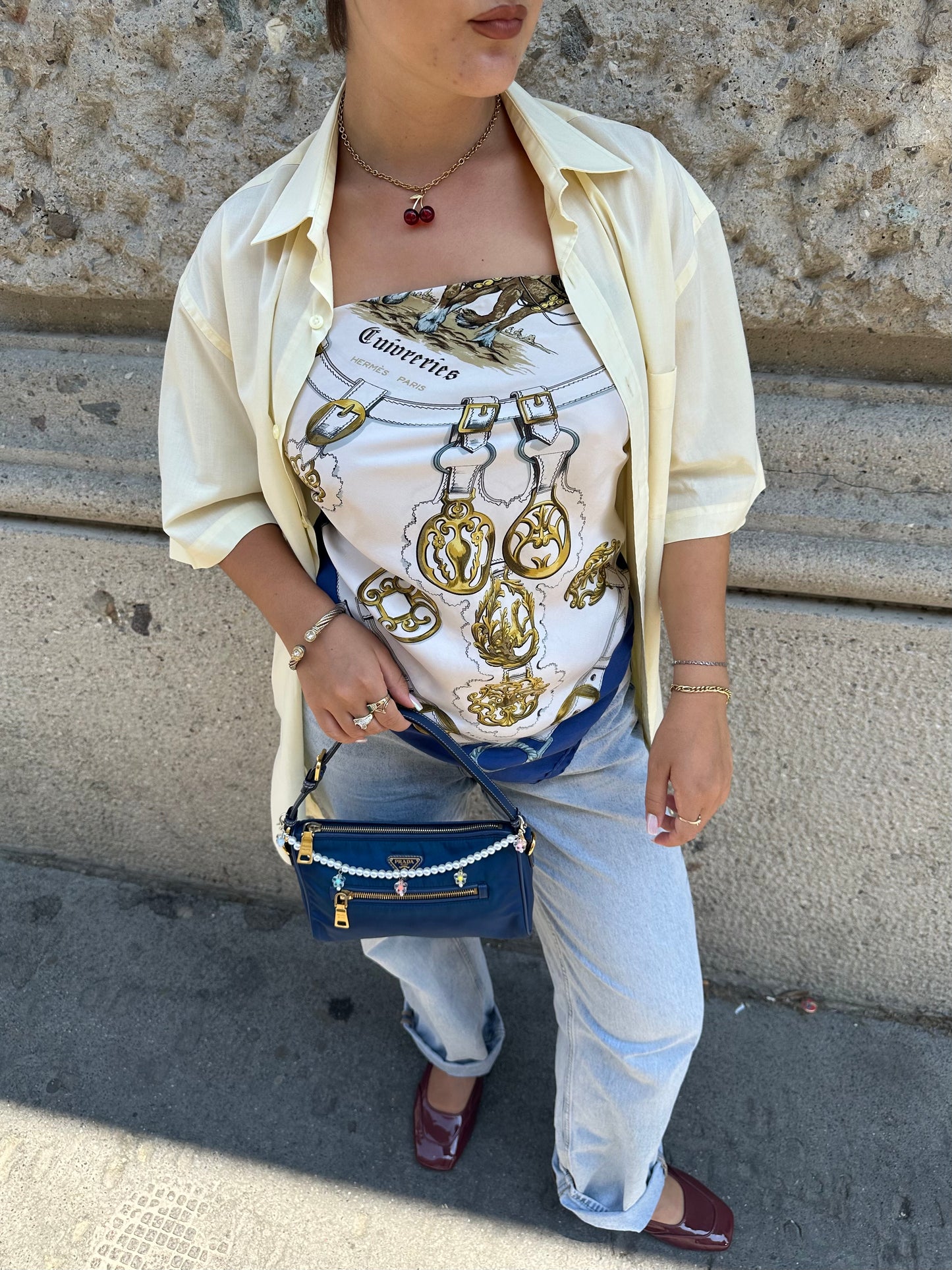 189. Hermès Vintage Gold and Navy “Cuivreries” Pattern Scarf