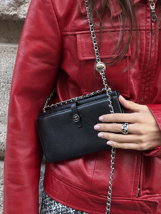 Chanel Re-Worked Round Logo Black Lambskin Wallet w/chain