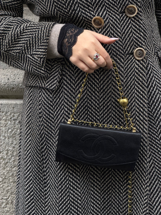 vintage chanel black caviar wallet with chain