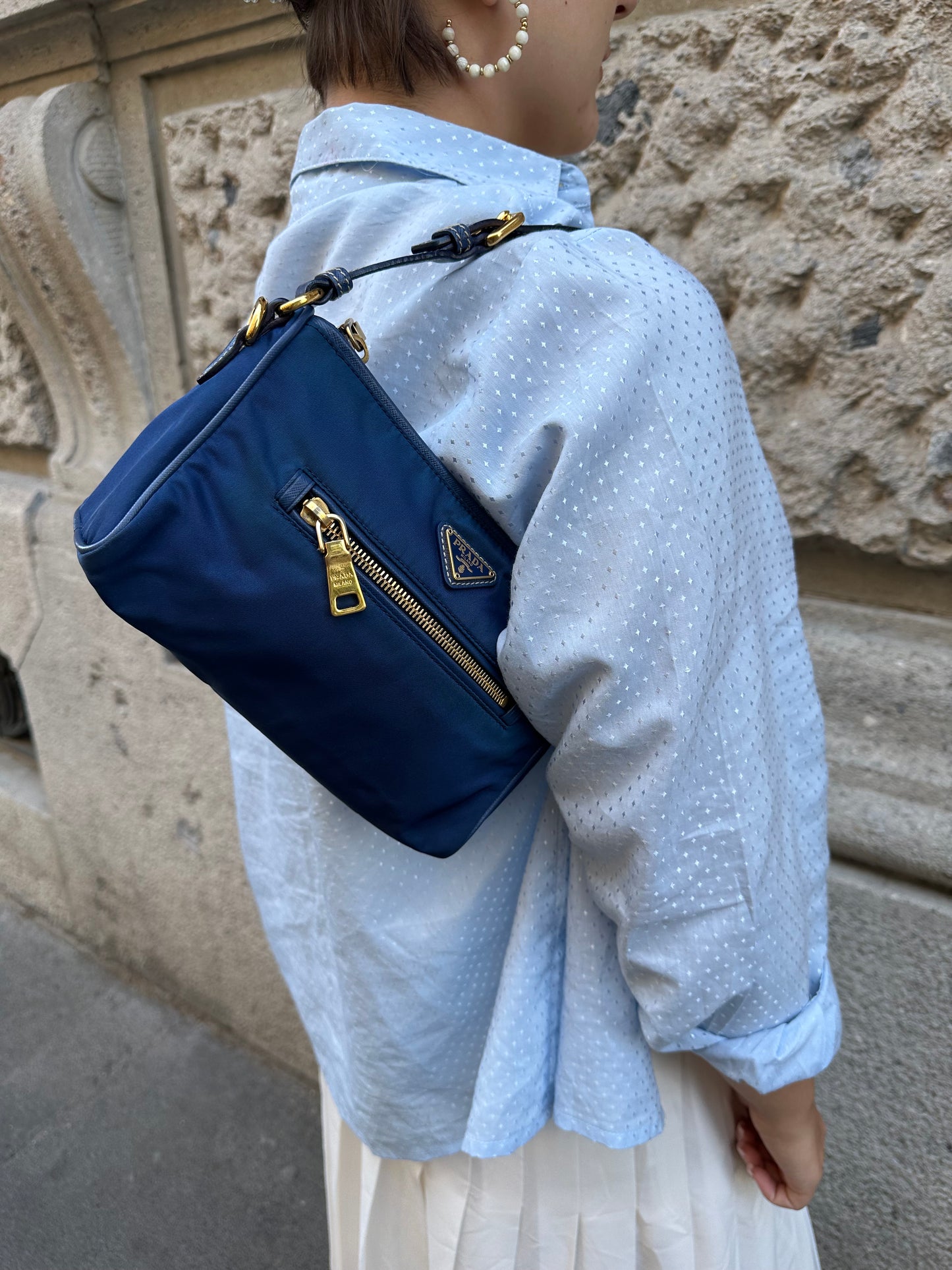 Prada Nylon Navy and Gold Shoulder Bag Y2K