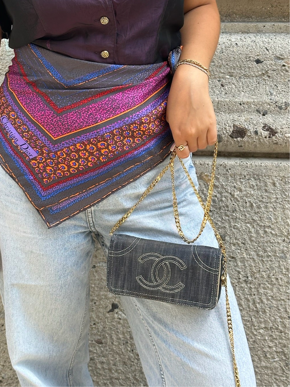 130. Re-Worked Chanel Vintage Denim CC Embroidered Interlocking Logo W.O.C.