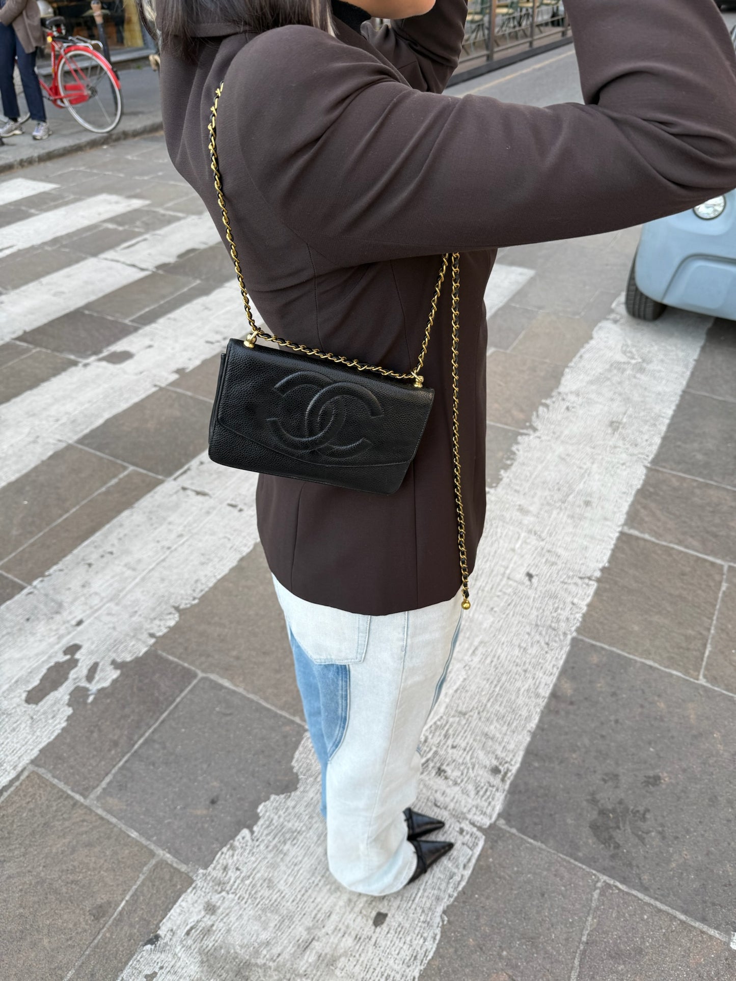 128. Chanel Re-Worked Vintage Flap W.O.C. Black Caviar CC logo