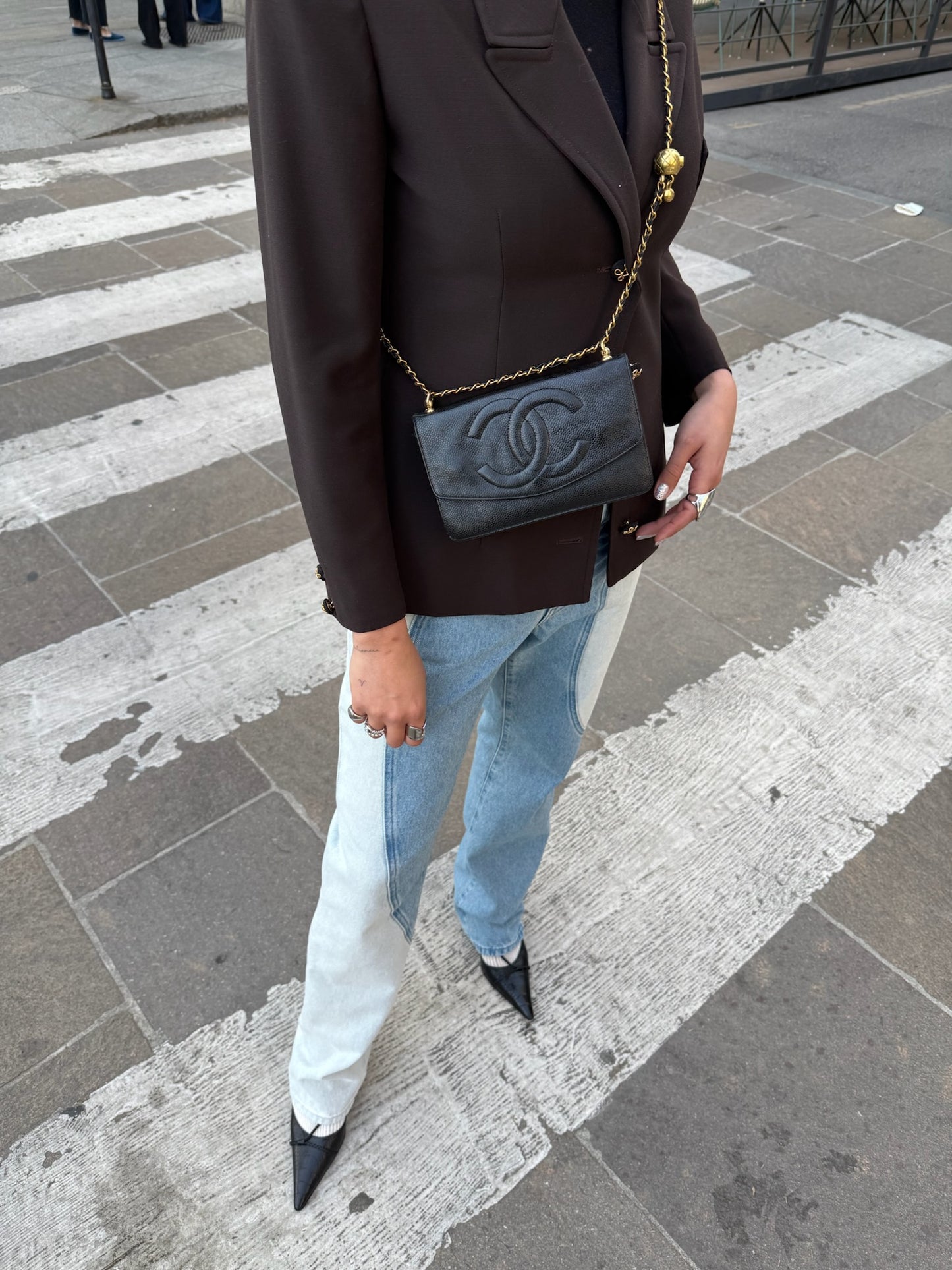 128. Chanel Re-Worked Vintage Flap W.O.C. Black Caviar CC logo