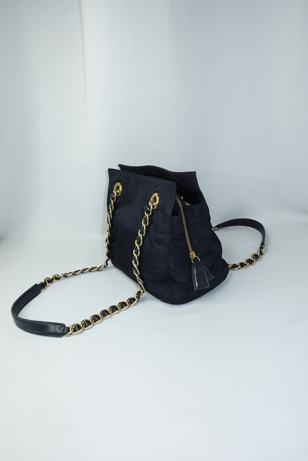 Prada Nylon Navy Gold Toned Chain Shoulder Bag