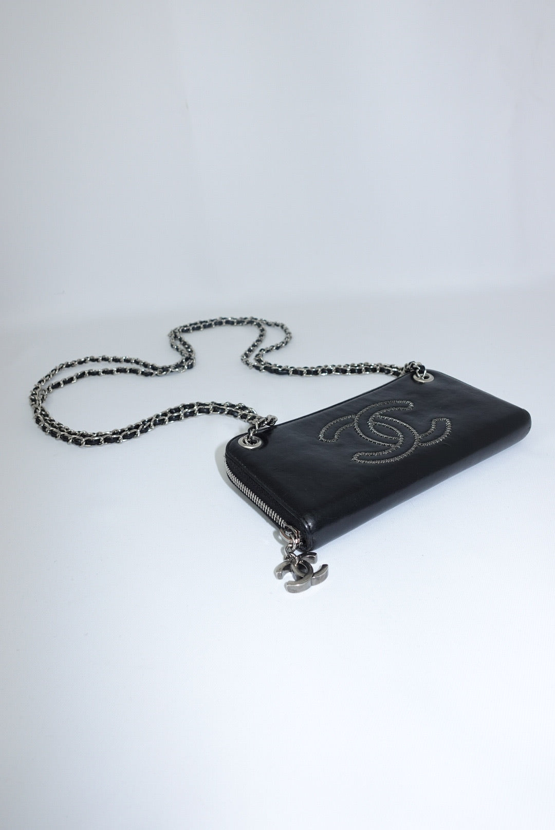 170. Chanel Re-Worked Zip Vintage W.O.C Black CC Chain Interlocking Logo