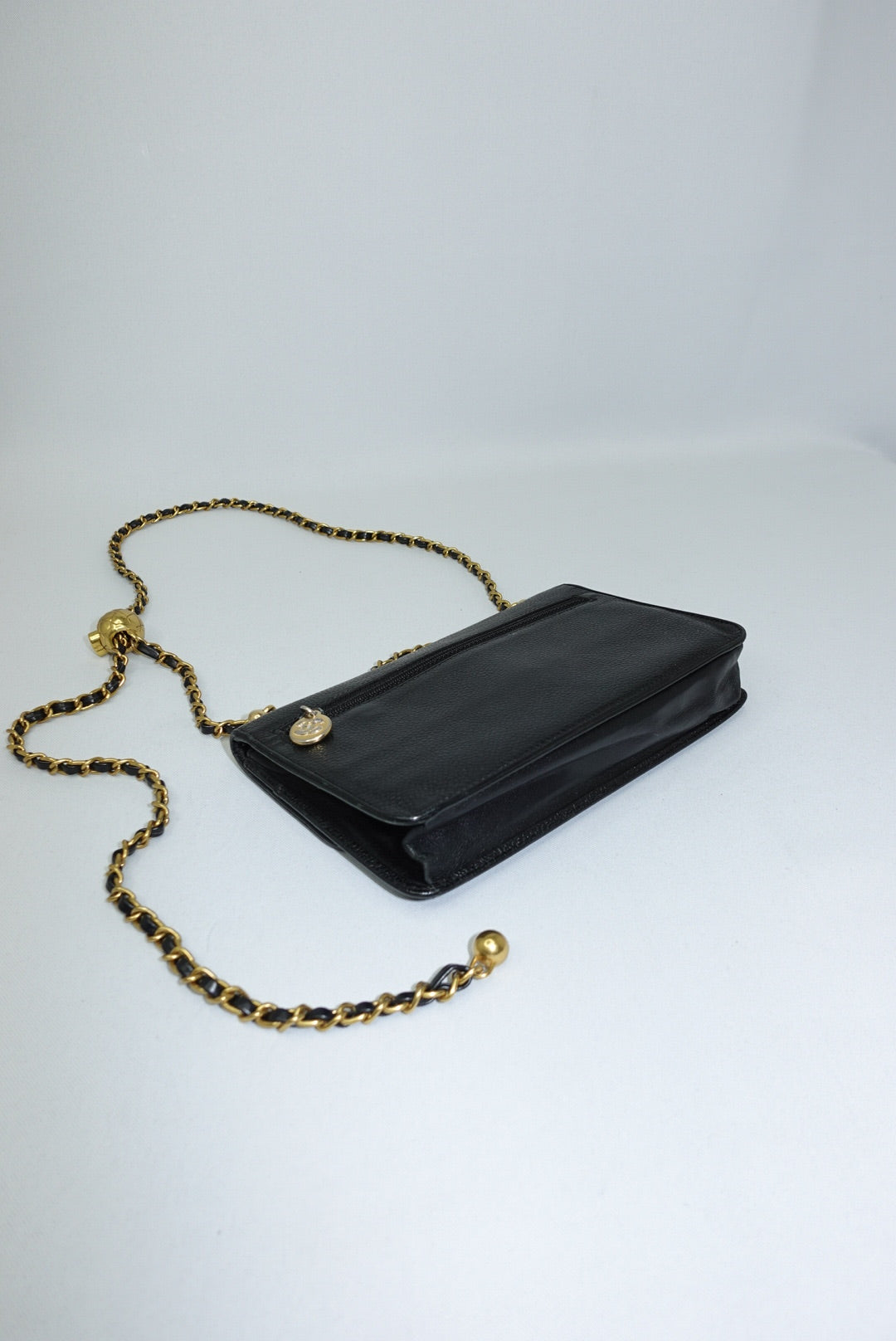 128. Chanel Re-Worked Vintage Flap W.O.C. Black Caviar CC logo