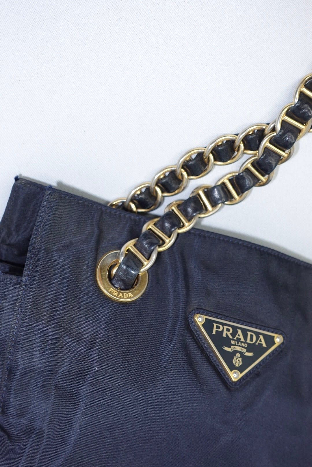 Prada Nylon Navy Gold Toned Chain Shoulder Bag