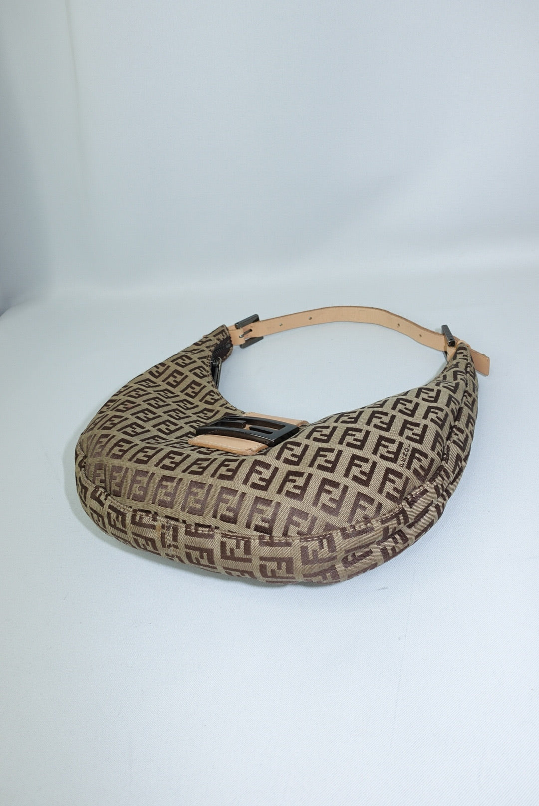 110. Fendi Zucchini Vintage Hobo Brown Canvas Monogram Croissant Bag