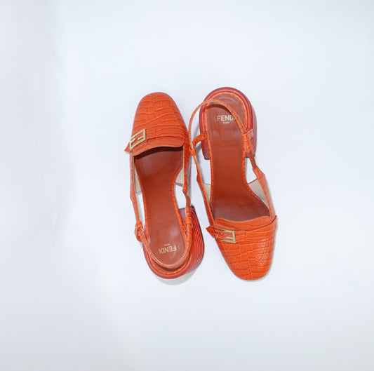 Fendi Orange Croc Mule Heels