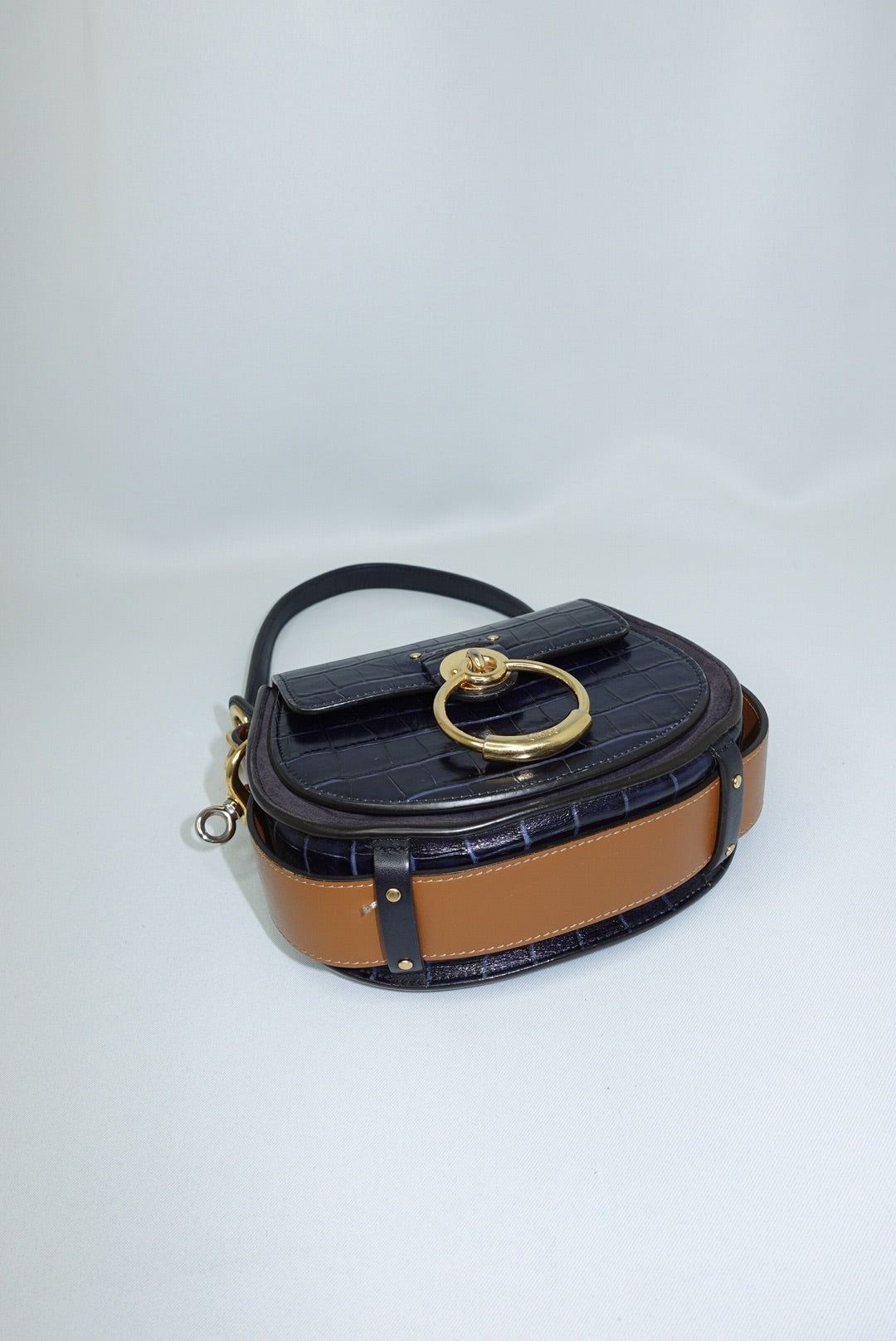 120. Chloé Tess Navy and Gold Shoulder Bag