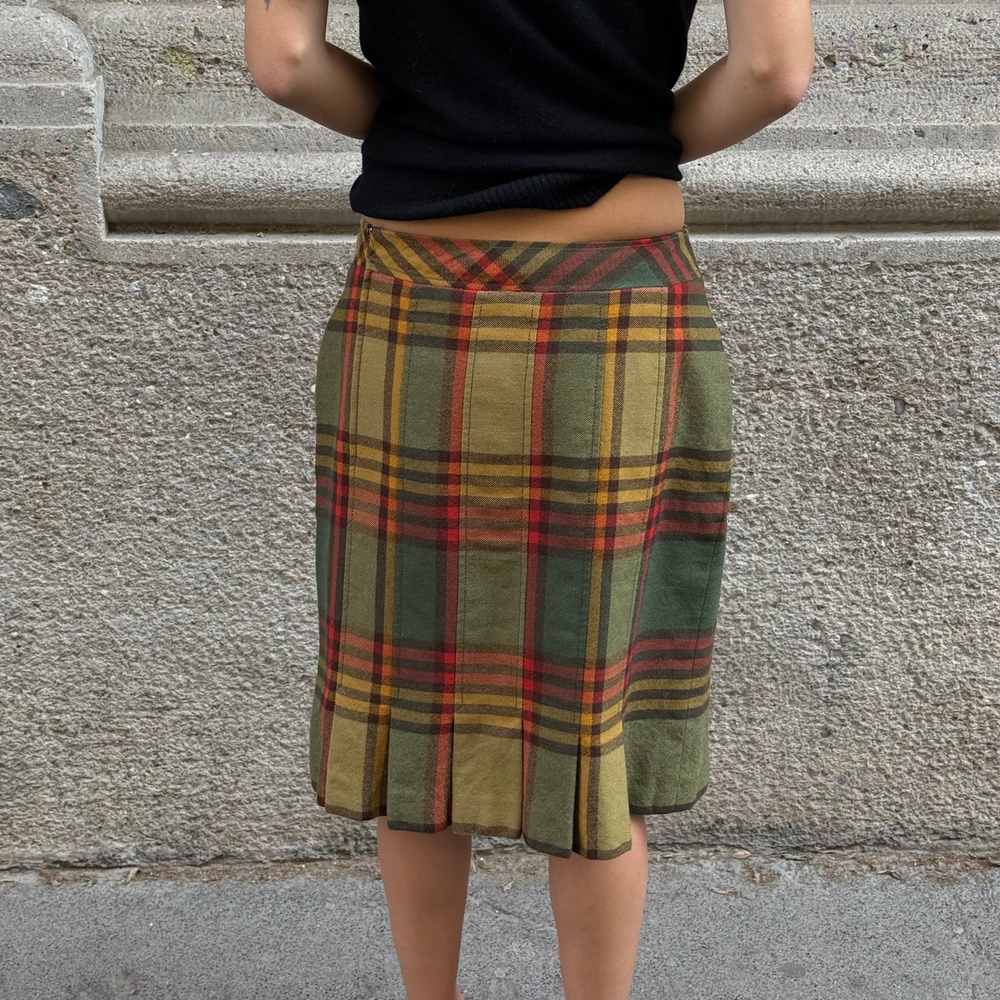 Celine Orange and Green Tartan Wool Skirt w/ Gold Detailing