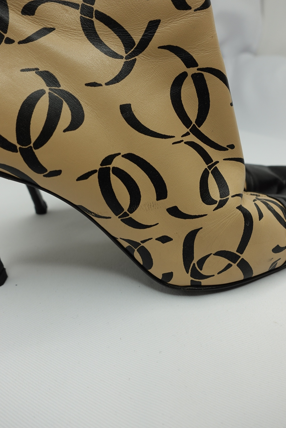 041. Chanel Vintage Heeled Ankle Boots with CC Logo Print
