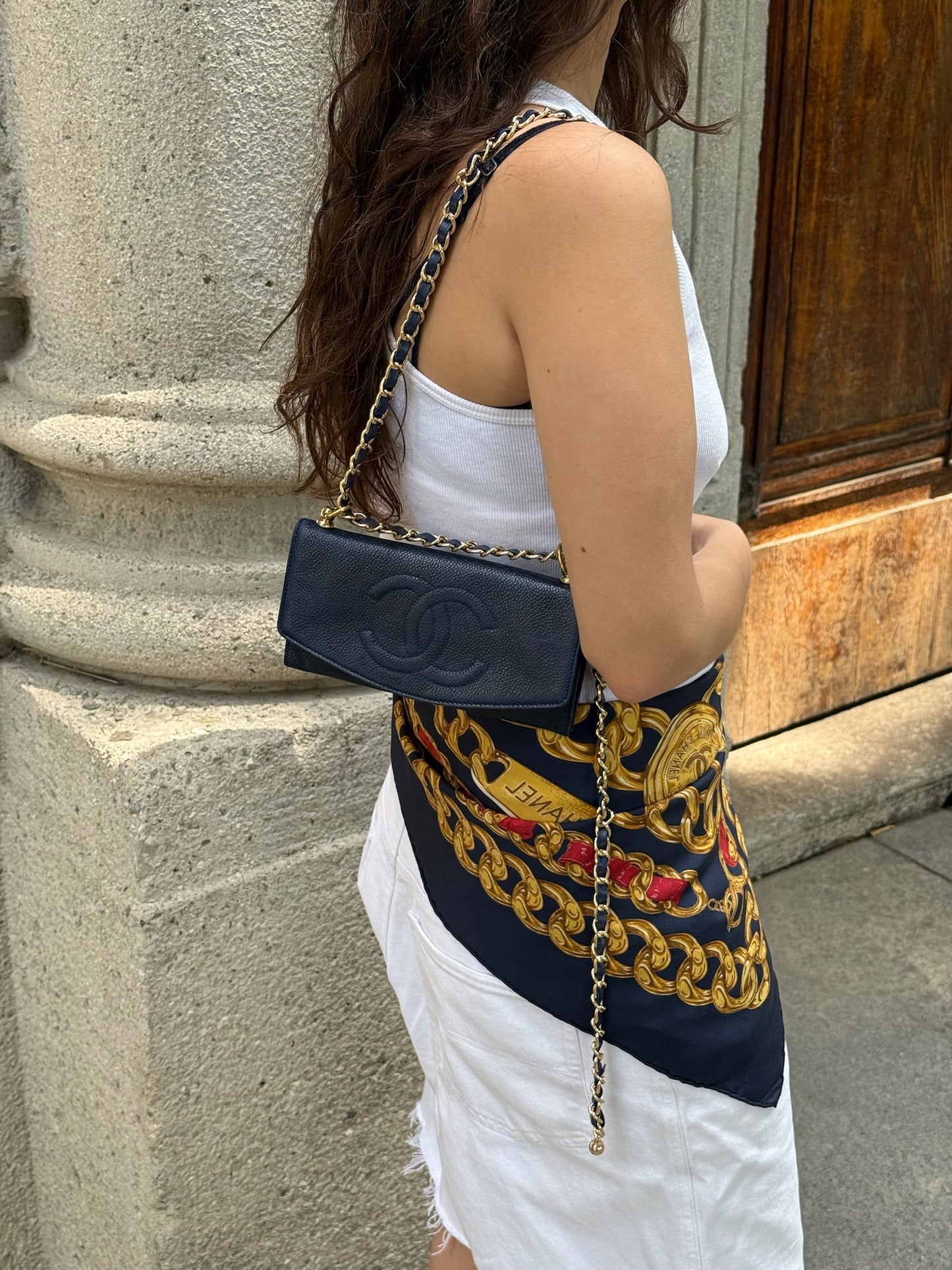 018. Chanel Re-Worked Vintage Flap W.O.C. Navy Caviar Leather CC logo