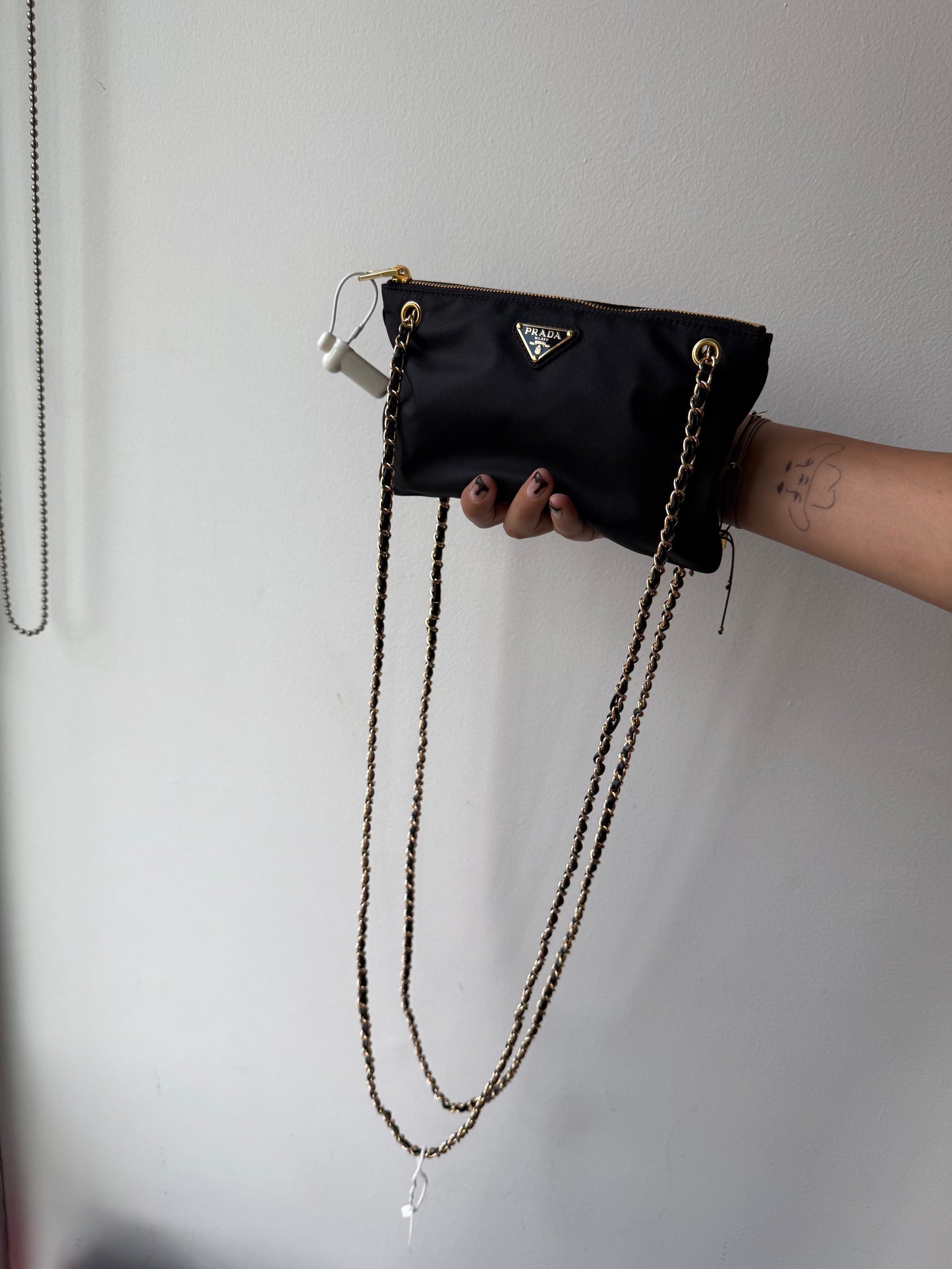054. Re-Worked Prada Nylon Black and Gold Toned Chain Shoulder Bag