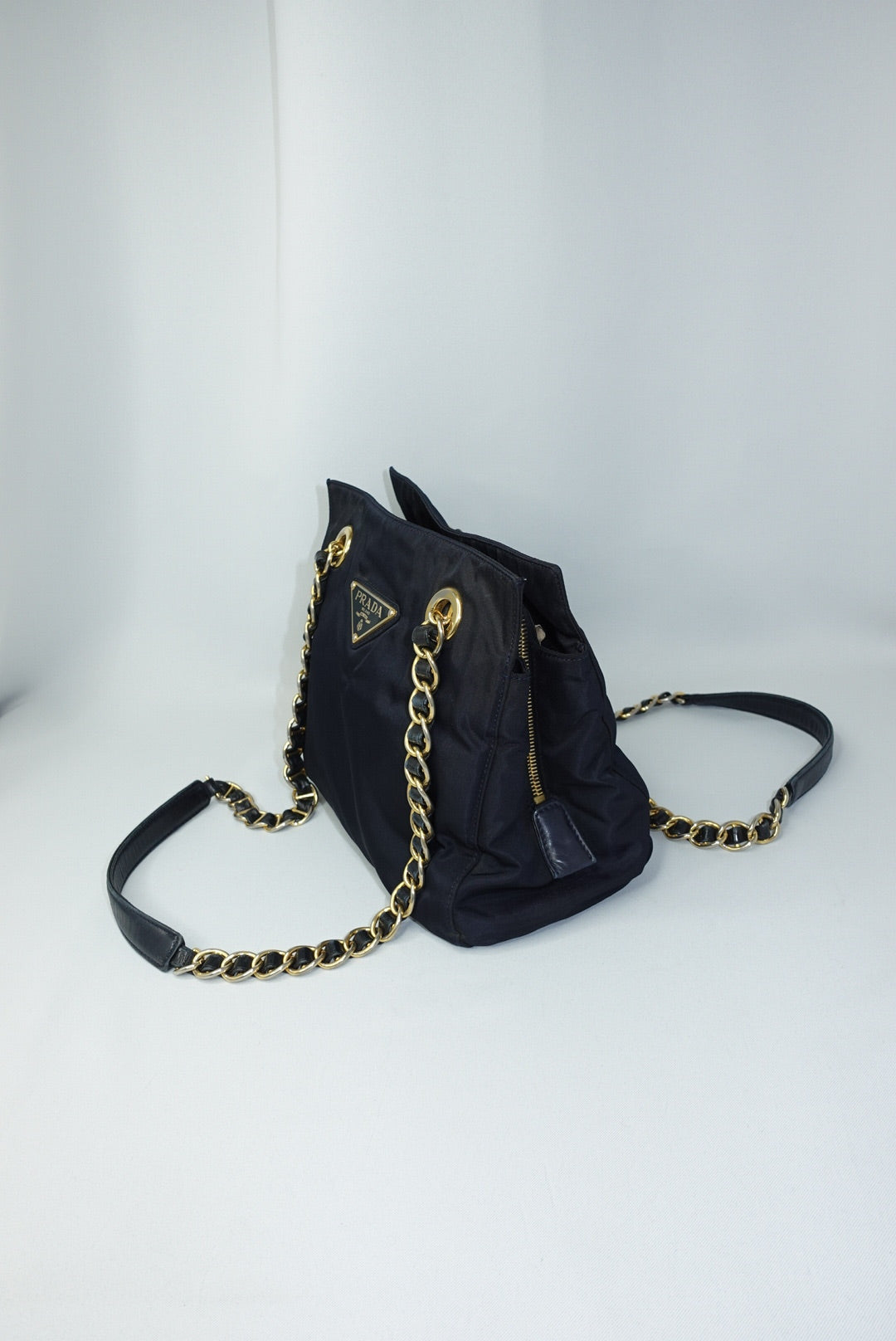 Prada Nylon Navy Gold Toned Chain Shoulder Bag