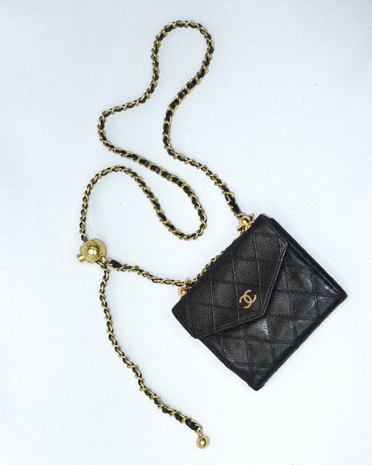 Chanel Re-Worked Small Quilted Black Leather Wallet With Chain