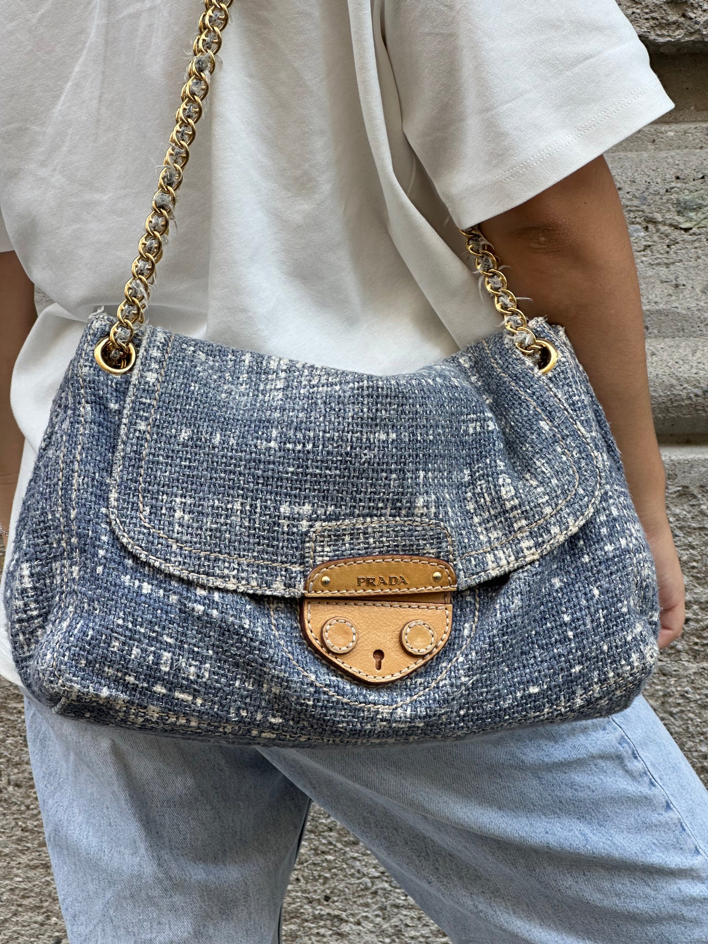 Prada Light Blue Tweed Vintage Bag
