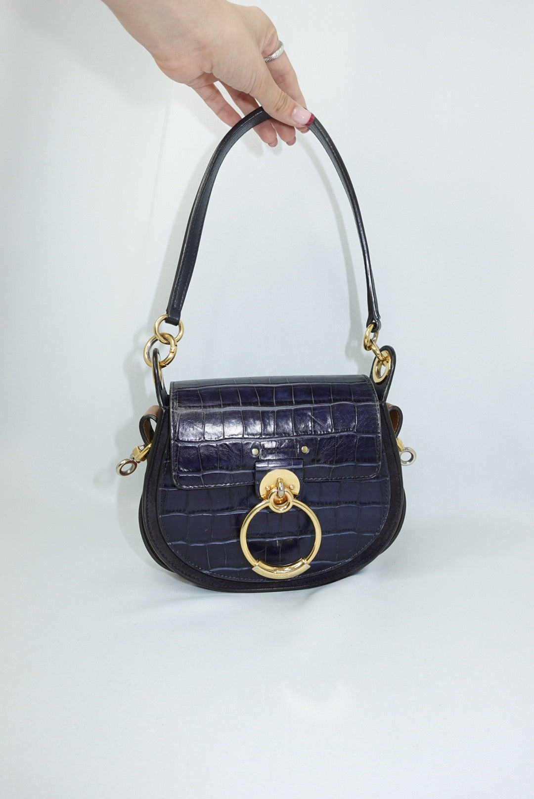 120. Chloé Tess Navy and Gold Shoulder Bag