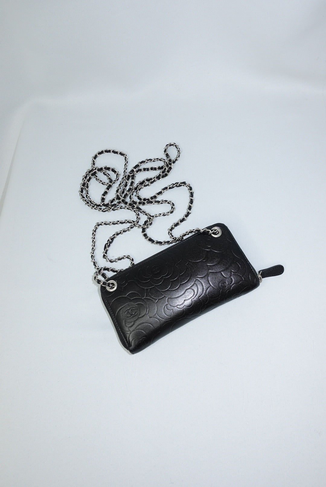 019. Re-Worked Chanel Zip Black W.O.C. Silver Hardware Limited Edition Camelia