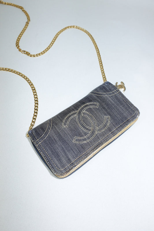 Re-Worked Chanel Vintage Denim CC Embroidered Interlocking Logo Wallet With Chain
