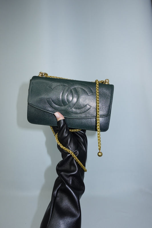 Chanel Re-Worked Flap Dark Green CC logo Vintage Wallet with Chain