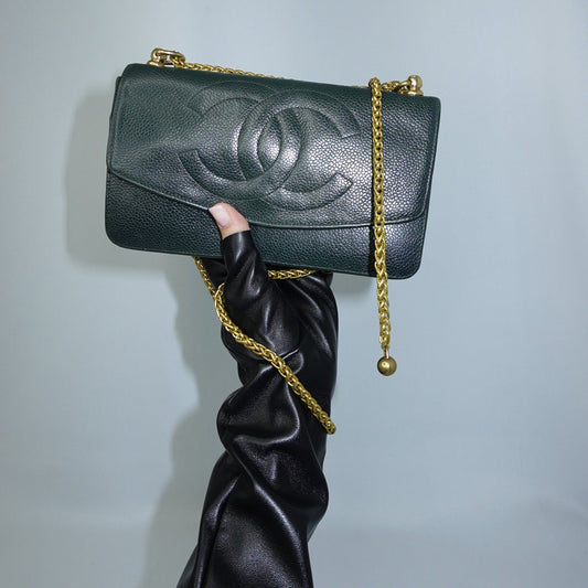 Chanel Re-Worked Flap Dark Green CC logo Vintage Wallet with Chain