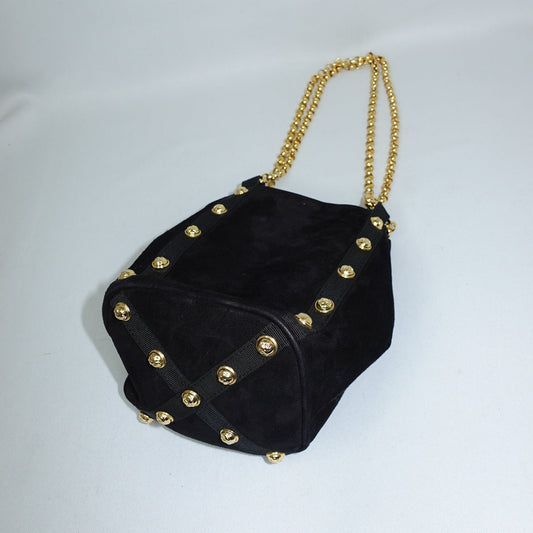 Ferragamo Vintage Black Suede Bucket Bag Gold Stud Details