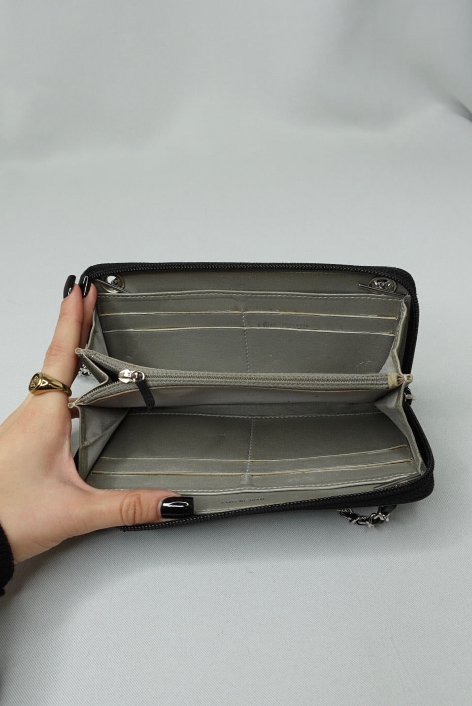 019. Re-Worked Chanel Zip Black W.O.C. Silver Hardware Limited Edition Camelia
