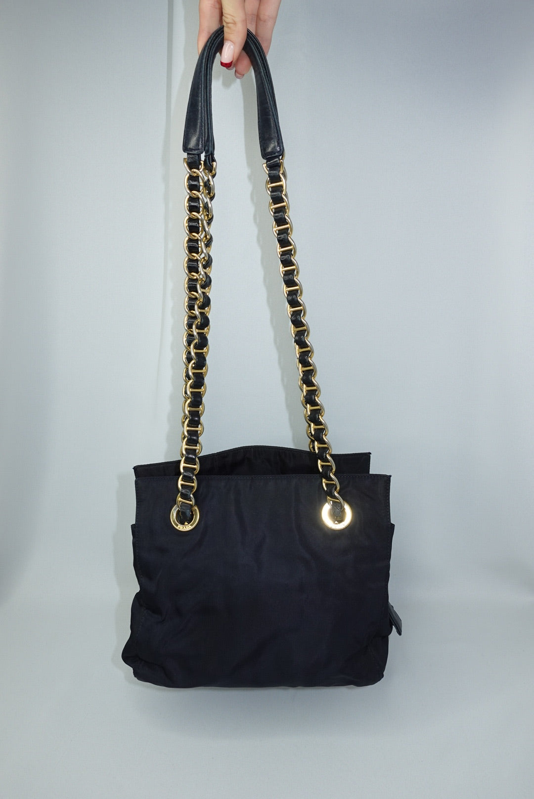 Prada Nylon Navy Gold Toned Chain Shoulder Bag