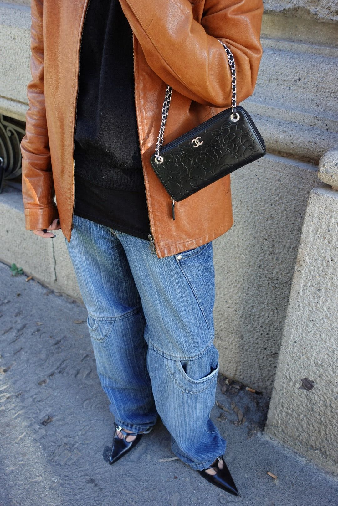 019. Re-Worked Chanel Zip Black W.O.C. Silver Hardware Limited Edition Camelia